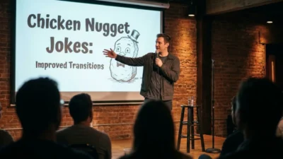 Standup comedian with microphone gesturing toward a presentation screen during a live stage performance