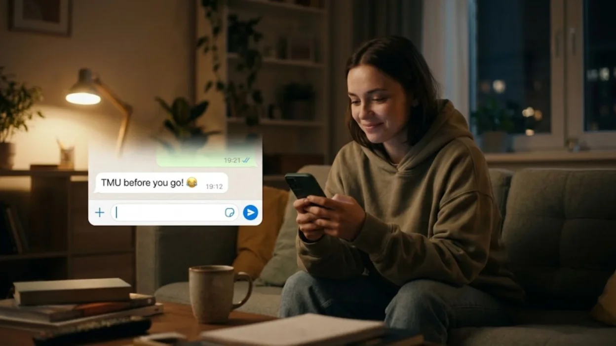 Young woman smiling while reading a TMU chat text message on her smartphone at home