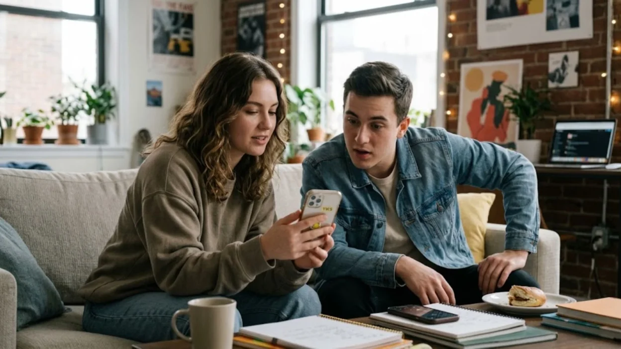 Two young friends on a living room couch looking curiously at an incoming text on a smartphone screen