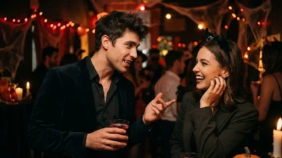 Man with vampire fangs flirting with a smiling woman at a dimly lit Halloween party