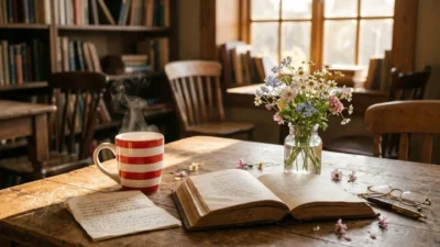 Open vintage book on a rustic wooden desk with a red striped coffee mug and wildflowers in a sunlit library
