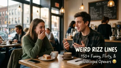 A man telling funny weird rizz lines to a laughing woman in a cozy coffee shop