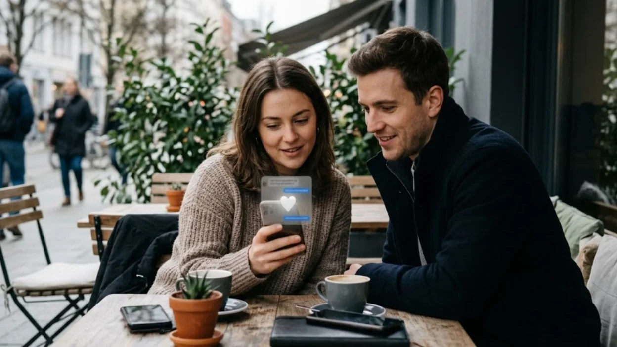 Couple sitting at outdoor cafe looking at smartphone showing glowing white heart emoji