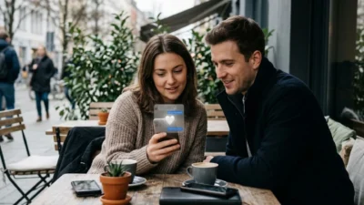 Couple sitting at outdoor cafe looking at smartphone showing glowing white heart emoji