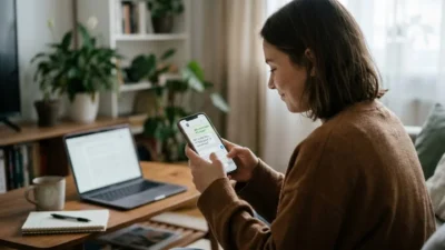 Young woman reading social media text messages on her smartphone while relaxing in a cozy living room