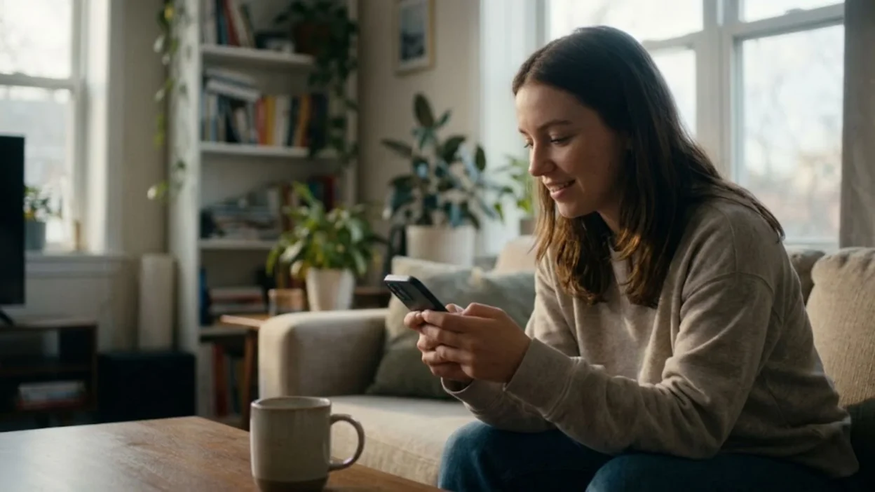 A smiling young woman sitting on a living room sofa while typing a message on her smartphone.