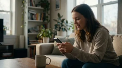 A smiling young woman sitting on a living room sofa while typing a message on her smartphone.
