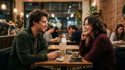 Smiling man and woman enjoying warm drinks and conversation at a rustic cafe table