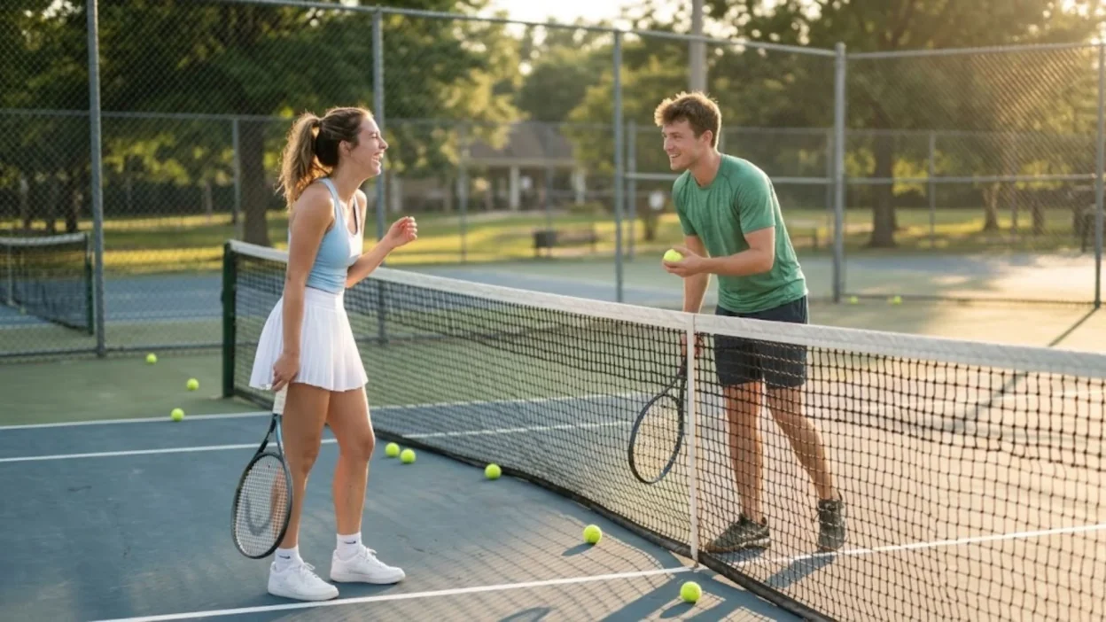 Man and woman smiling and chatting across the net on an outdoor tennis court.