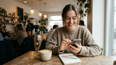 Smiling young woman sitting at a cafe table using her smartphone with coffee and a notebook nearby