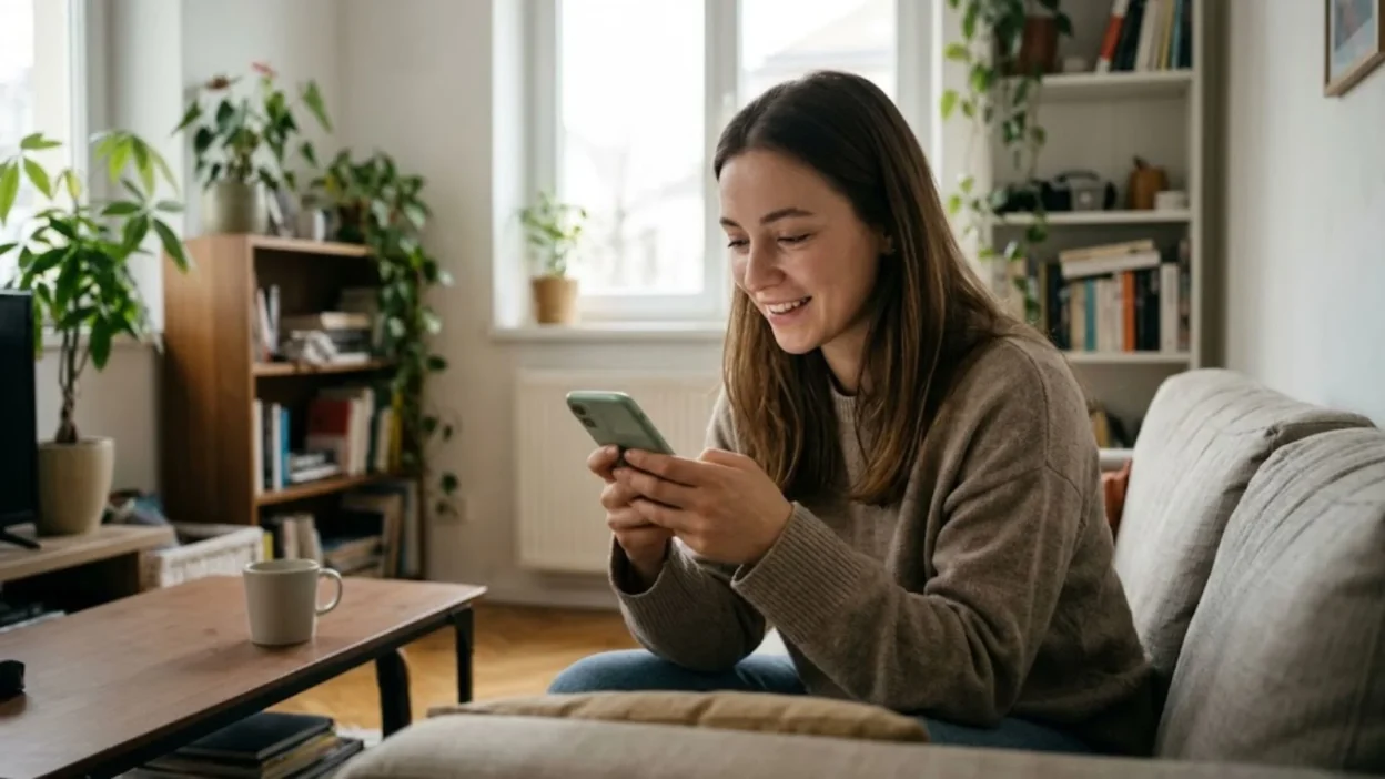 young woman smiling while checking her smartphone on a living room couch