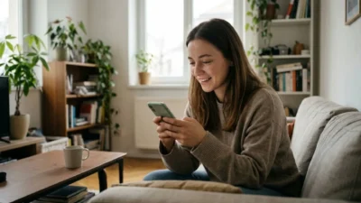 young woman smiling while checking her smartphone on a living room couch