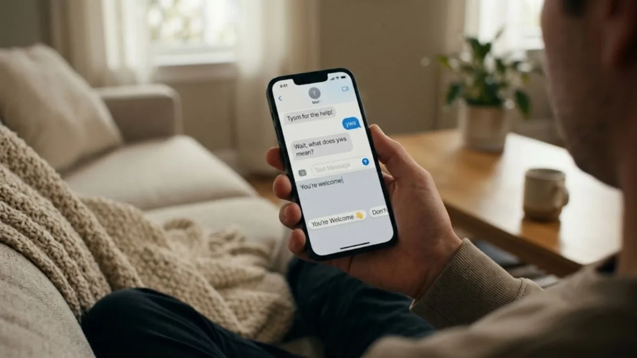 Person holding a smartphone reading text messages explaining the meaning of YWS in chat